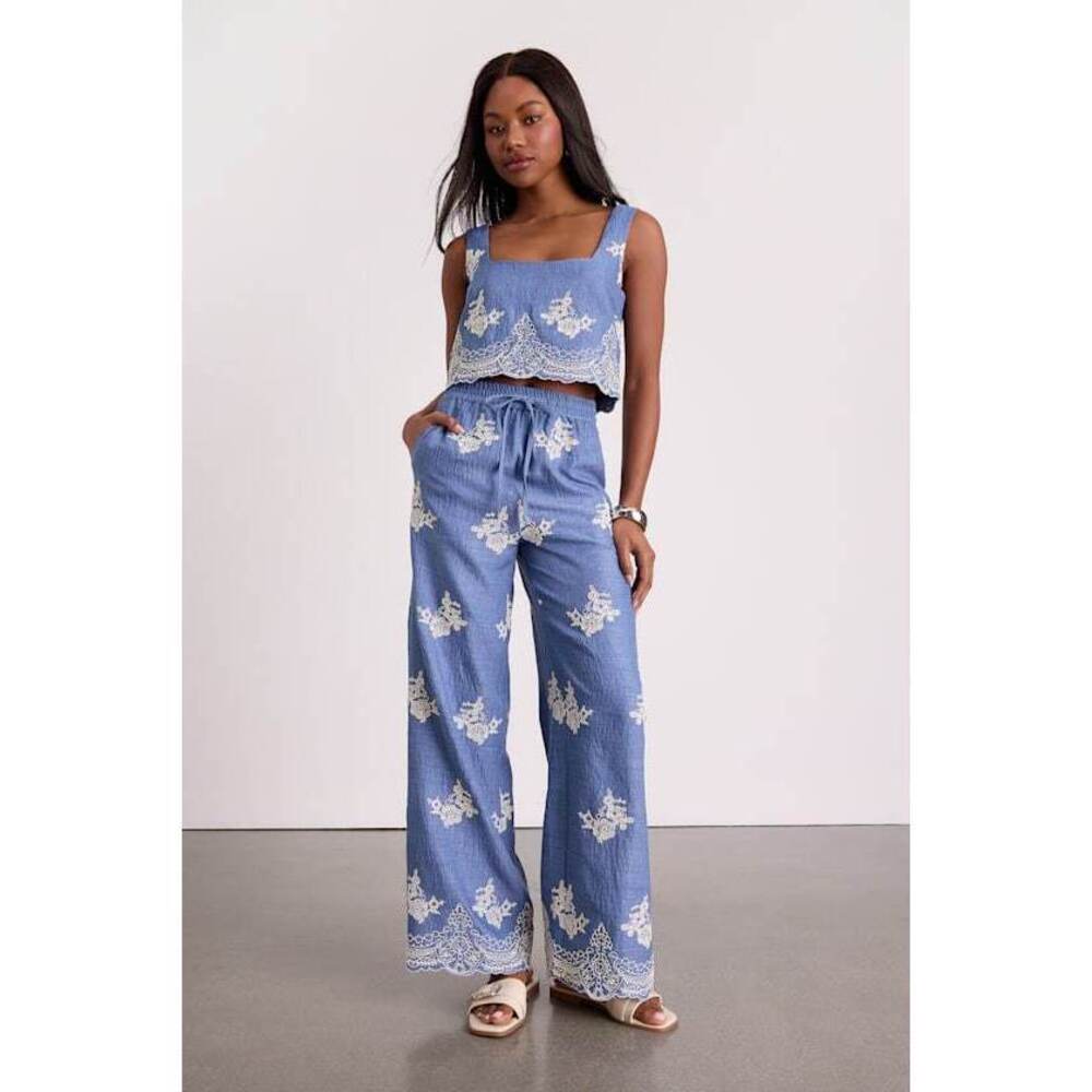 Lulus Havana Blue Embroidered Drawstring Wide-leg Pants - Size XS